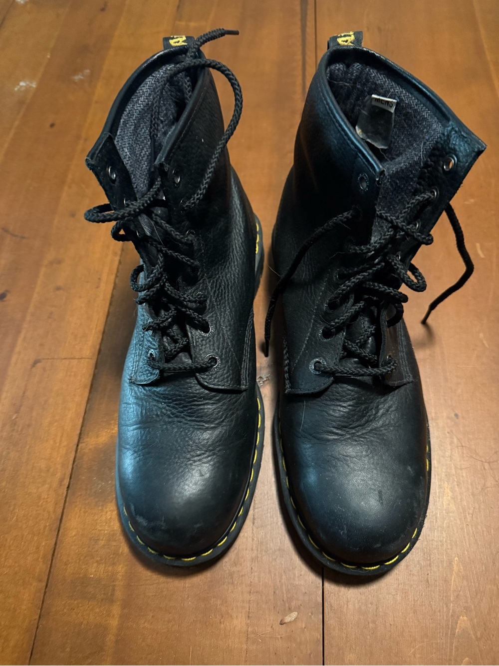 Dr. Martens Black Leather Lace-Up Boots with Yellow Stitching